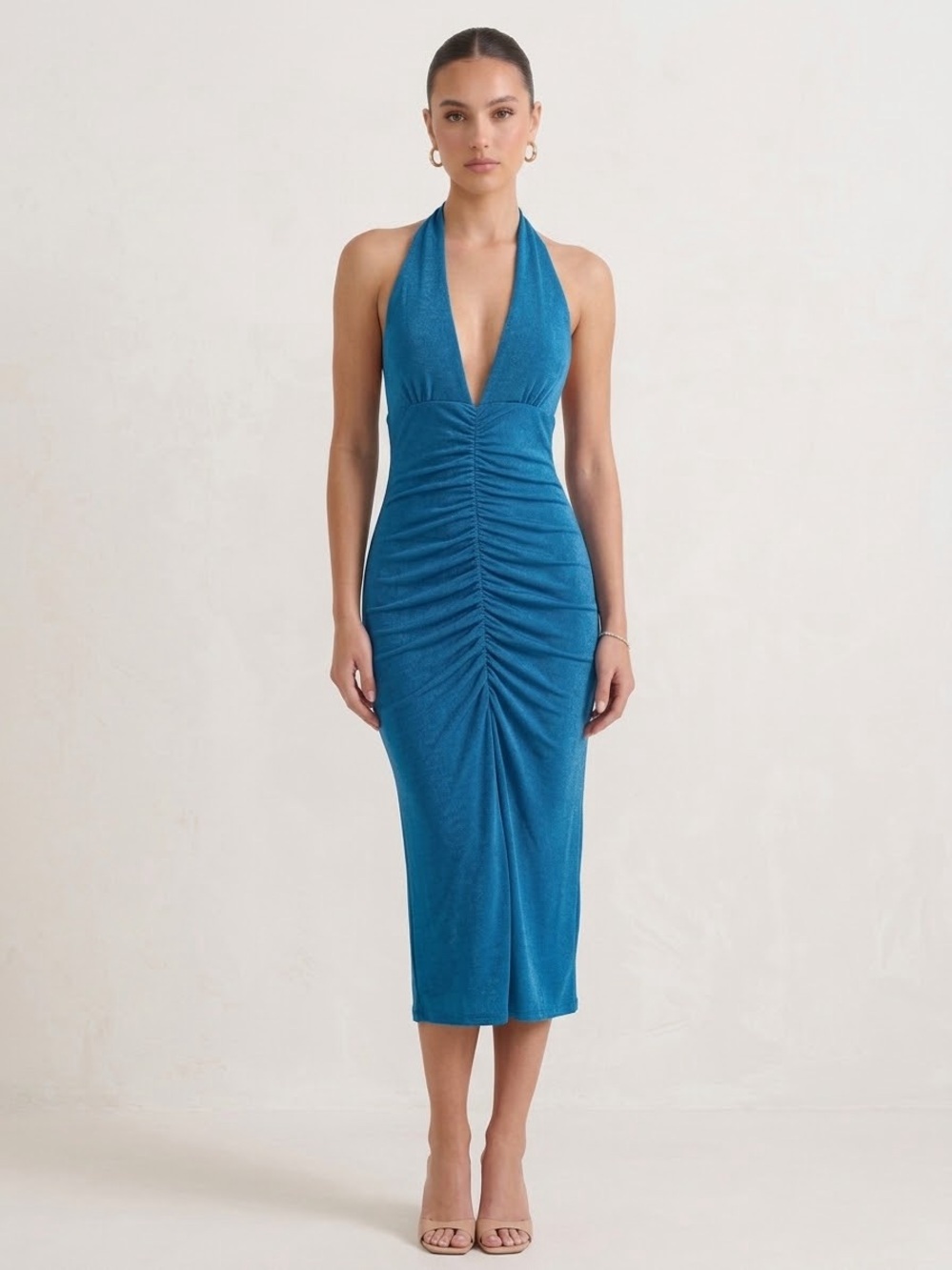 Macy's Teal Halter Ruched Midi Dress